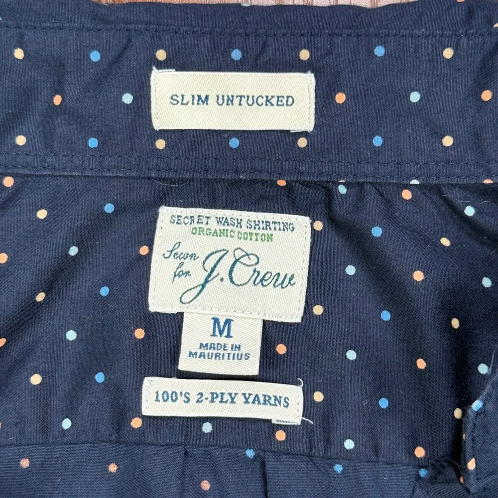 J. Crew Slim Untucked Secret Wash Shirt Navy Blue Polka Dot Organic Cotton Men M